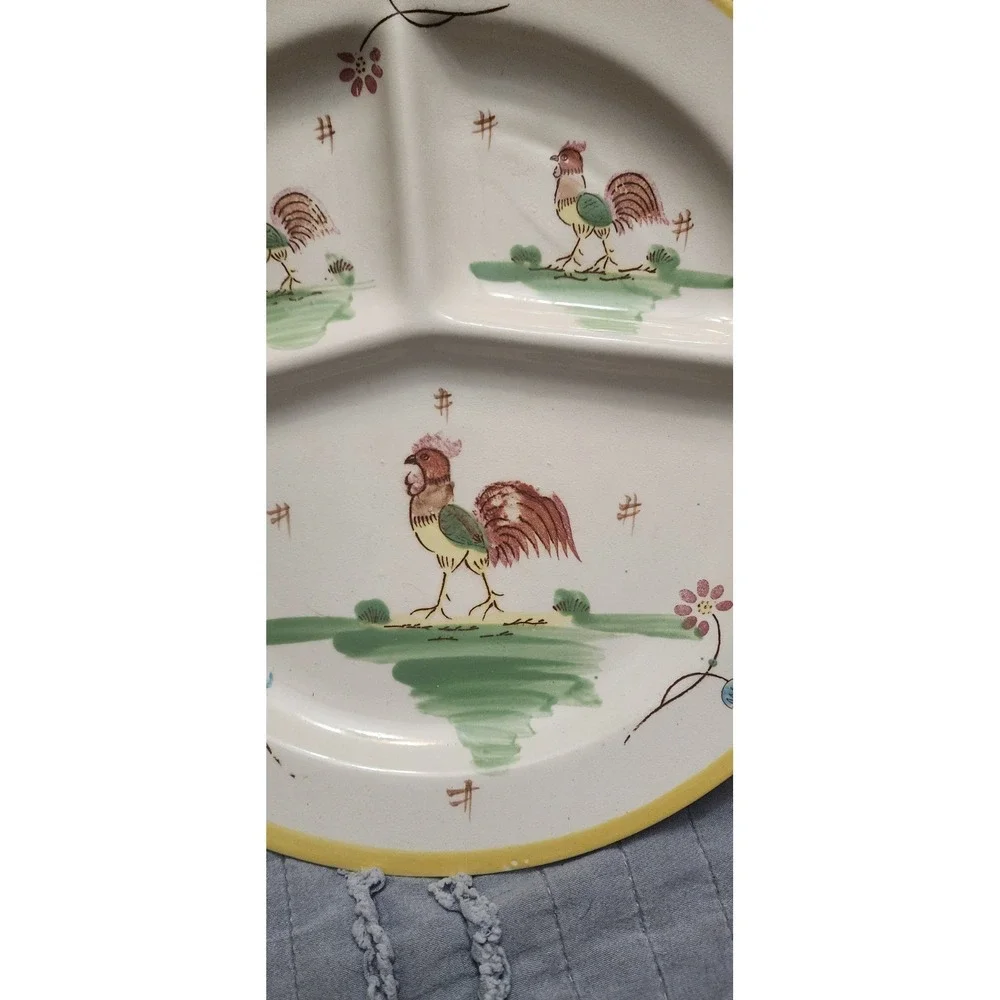 Antique Vtg Japan Porcelain Rooster Luncheon Plate Divided Sections Cottagecore